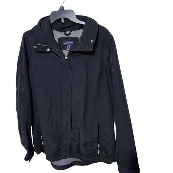 Lands Ends Windbreaker Jacket For Women Size Medium Black Hooded Elastic Waist - Picture 11 of 16